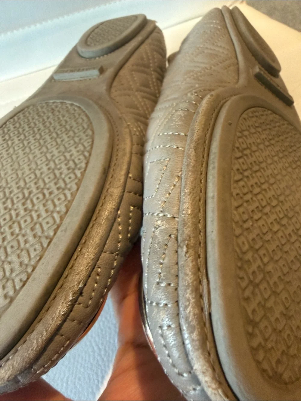 Tory Burch Quilted Taupe Leather Ballet Flats with Gold Logo Medallion